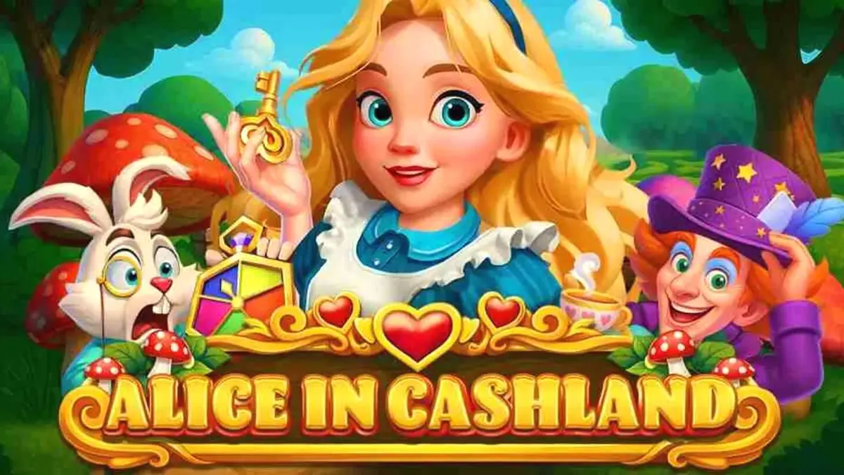 Interface do jogo de slot Alice in Cashland com elementos temáticos do País das Maravilhas