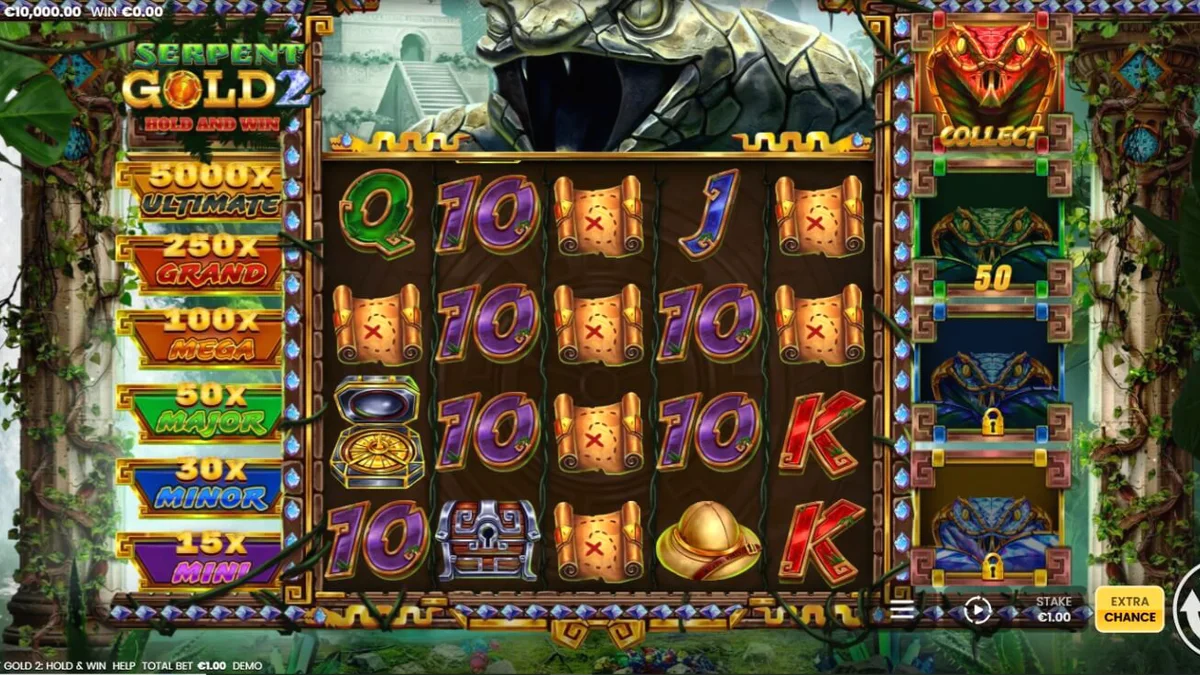 Interface do jogo Serpent Gold 2: Hold and Win com tema de selva e serpentes